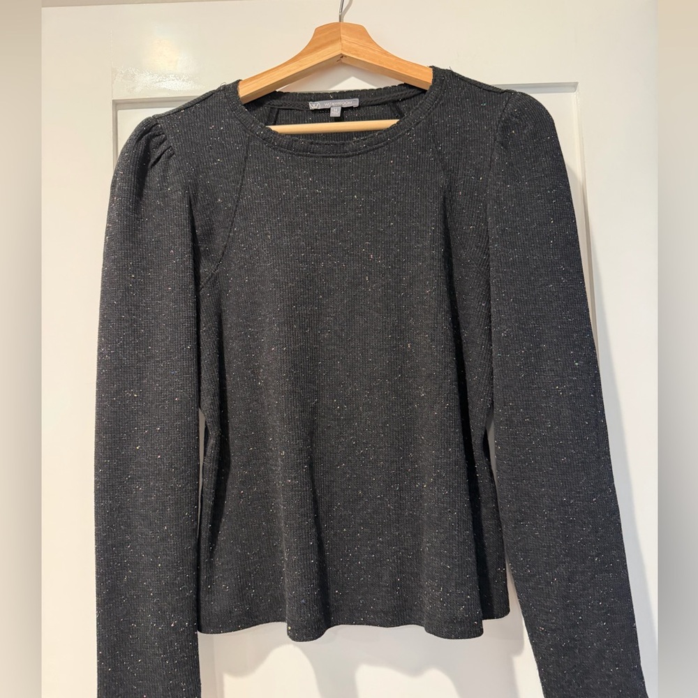 Wit & Wisdom Black Sparkle Puff-Shoulder Crewneck Sweater